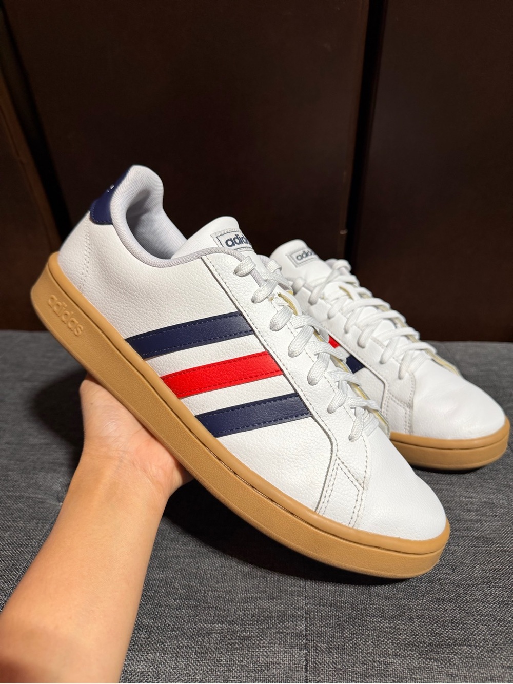 adidas White Sneakers with Navy & Red Stripe Accents